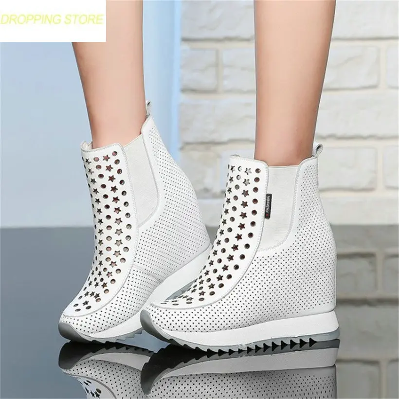 

Womens Breathable Genuine Leather Super High Heels Ankle Boots High Top Wedge Platform Sandals Party Punk Sneakers