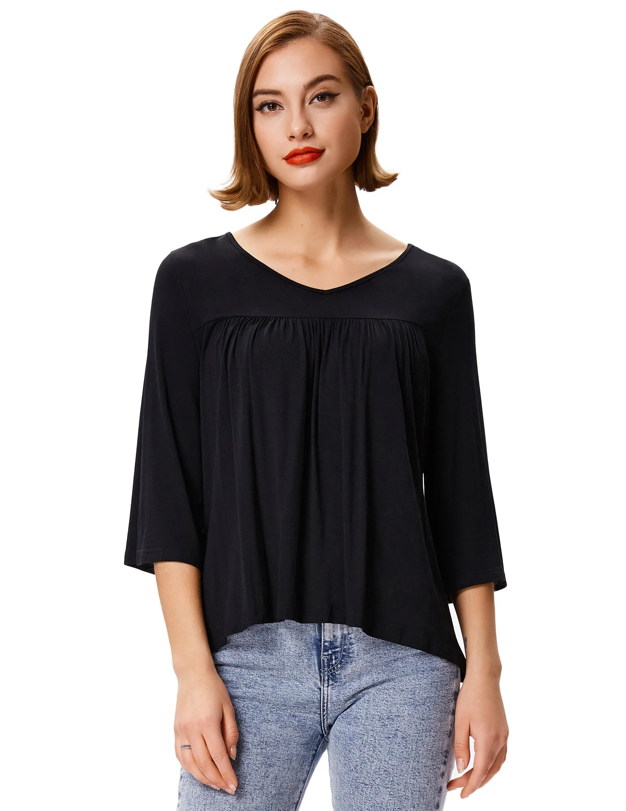 GK осень женская блузка Повседневная Свободная мягкая удобная три четверти расклешенные рукава v-образный вырез рубашка с высоким низким
