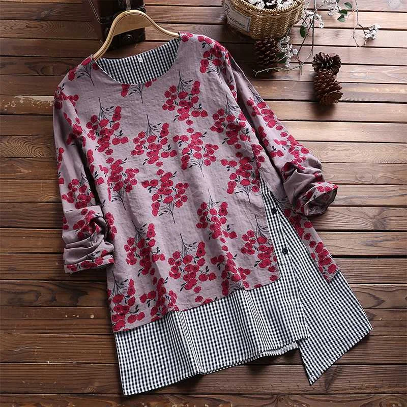 

2019 Autumn Vintage Printed Tops Women Linen Blouse Patchwork Plaid Blusas Spring Casual Tunic Irregular Tops Tees Oversized 5XL