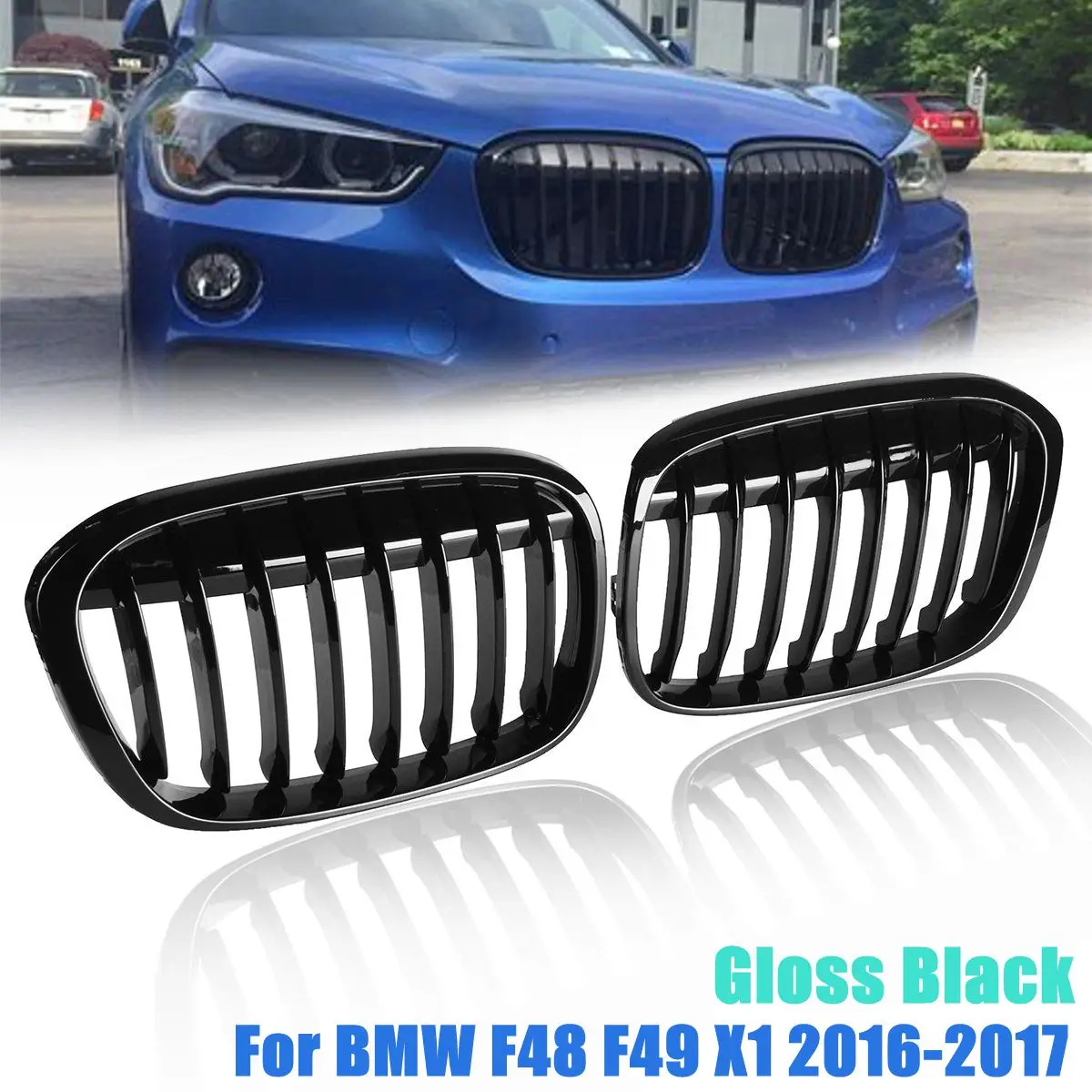 

Pair Gloss Black Front Kidney Grill Grilles For BMW F48 F49 X1 2016-2017 Car Styling