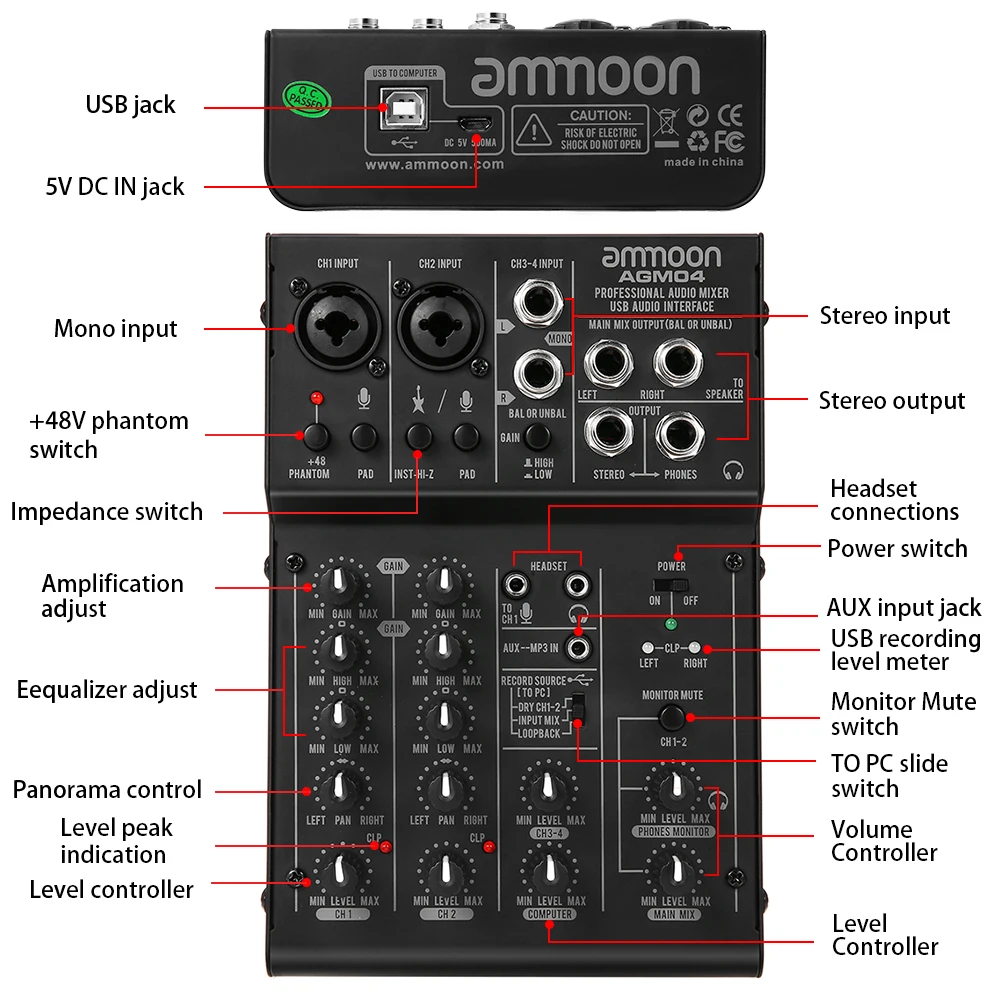 Ammoon 4-канальный мини микшерный пульт Цифровой аудио смеситель 2-полосный эквалайзер встроенный 48V Phantom Мощность 5В USB Мощность ed для домашнюю студию