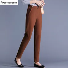 Осенние узкие брюки полной длины, коричневые, серые, с эластичной резинкой на талии, с карманами, женская одежда, весенние брюки размера плюс 4xl 3xl-m
