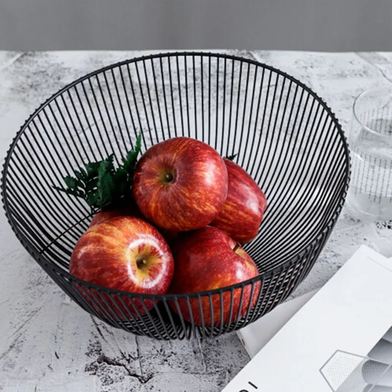 

Home Storage Basket Wrought Iron Hollow Desktop Snack Round Baskets Living Room Wire Fruit Basket Kitchen Decoration