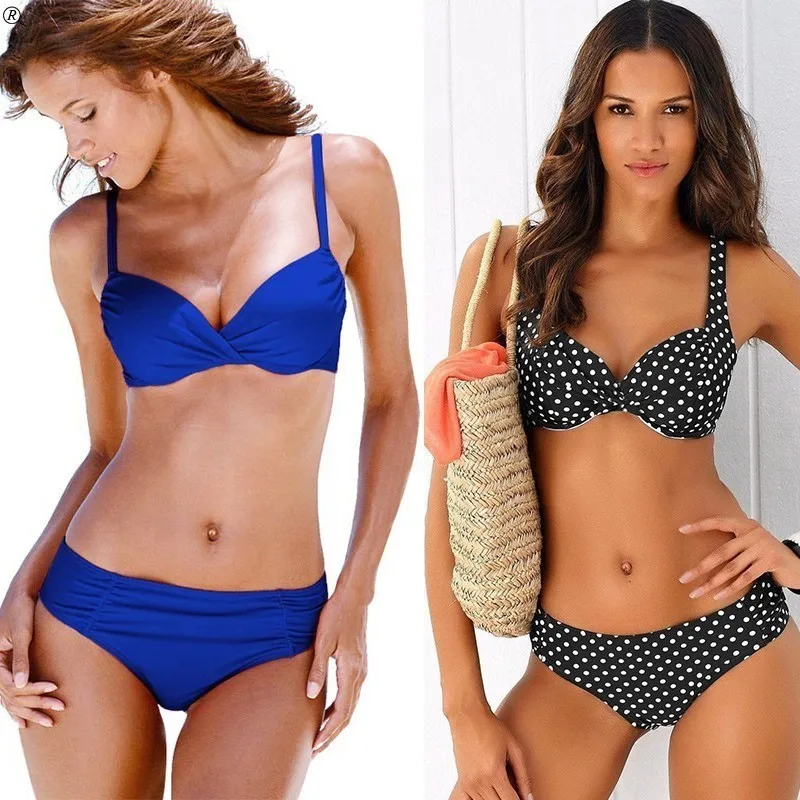 

Seazea Low Waist Print Swimsuit Dot Push Up Bathing Suit Solid Bikini Set Plus Size Beachwear Women Sexy Swimwear Biquini
