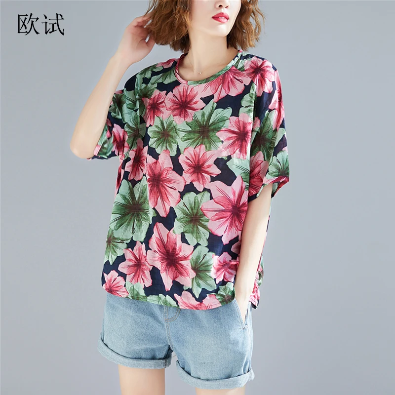 

Women Cotton Floral Print Tshirts Plus Size Short Sleeve Flower T Shirt 2019 Summer Fashion Vintage Big T-Shirt Tops Thin Tshirt