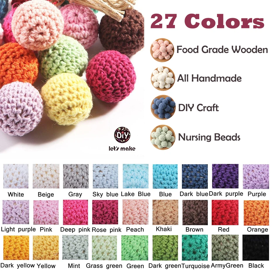 

Let's Make 100pc 16-20mm Crochet Beads Wooden Round Beads Colorful Decoration Ball Inside Wooden Teether DIY Baby Nursing Beads