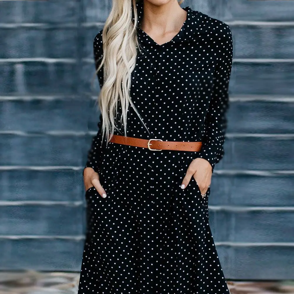 

Women Long Maxi Dresses Bohemia turn down Collar Long Sleeve Dots Print Ethnic Summer Beach Female Split Stylish Style Dress