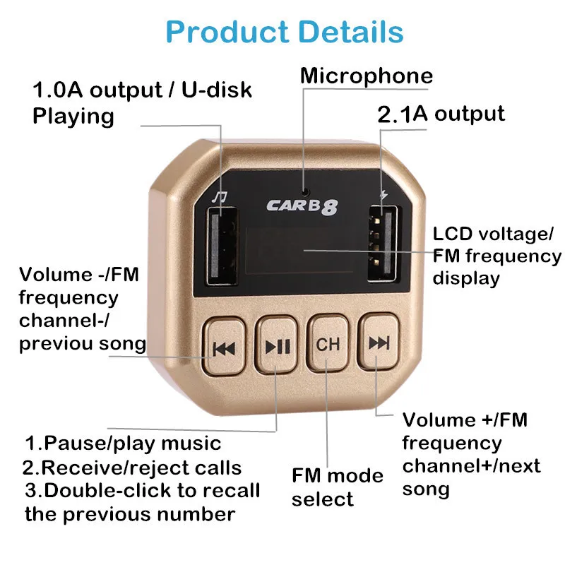 Автомобильный fm-передатчик, Bluetooth 4,2, стерео Mp3 плеер, u-диск, TF карта, цифровой вольтметр, двойной USB 3.1A, зарядное устройство для телефона