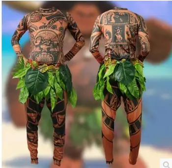 

New Cartoon Movie Moana Maui Cosplay Costume Men's Fashion Halloween Carnival Top Full Sleeve Printed T-shirt + Pants