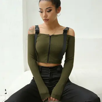 

Women Autumn Slim Off Shoulder Long Sleeve Knitted Crop Tops Ladies Sexy Solid Zip Up Sweater Plus Size