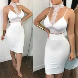 2019 летний комплект из двух предметов Для женщин Bodycon Короткое мини-платье кружева V Neck Crop Топы Юбки клуба вечерние платья vestidos mujer