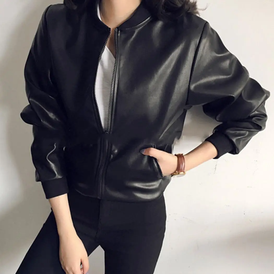 

New Fashion Women Casual Stand Collar Regular Fit, Zipper Closure Type Artificial Solid Leather Pocket Jacket