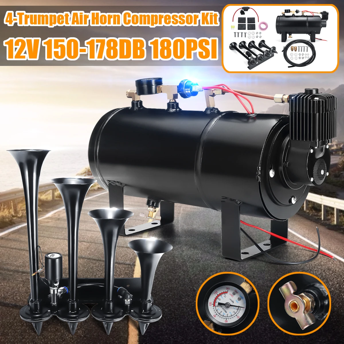 

Truck Car 4 Trumpet 150-178db Air Horn + 12V Compressor 4 Liters 180 PSI Pressure Gauge Tubing Kit