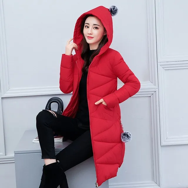 

Winter Women Jacket Warm Hooded Parkas Long Slim lattice Coat Cute Fur Balll Playful Jackets