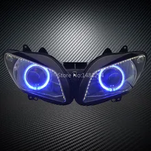 Пользовательский модифицированный синий Ангел глаз белый светодиодный DRL HID проектор фары в сборе подходит для YAMAHA YZF R1 02-03