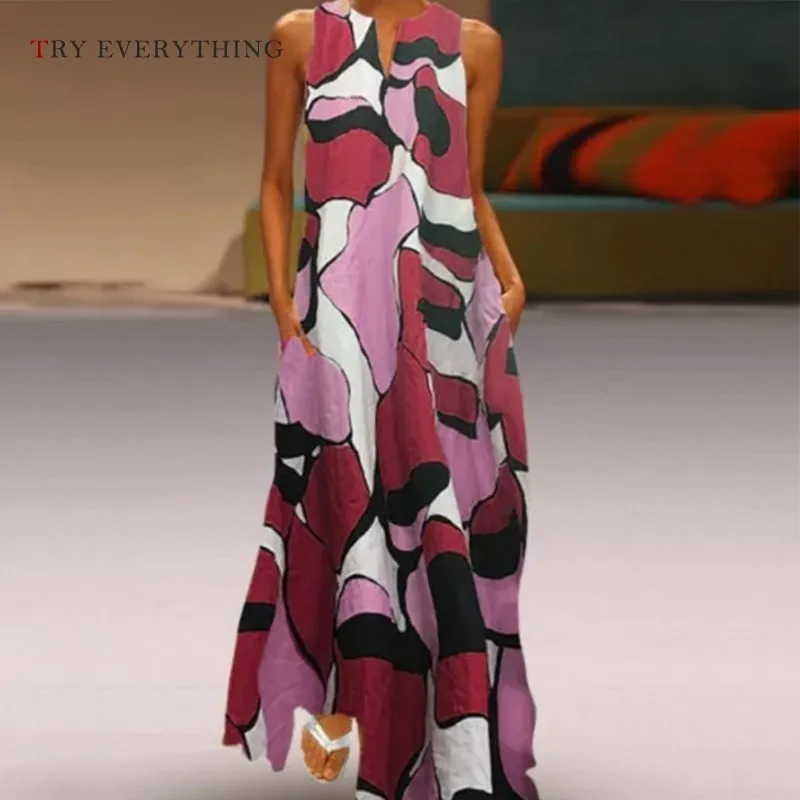 

Print Boho Dress Women Summer 2019 Fashion Loose Plus Size Casual Dress Ladies Sleeveless Blue Cotton Long Dresses For Women 3XL