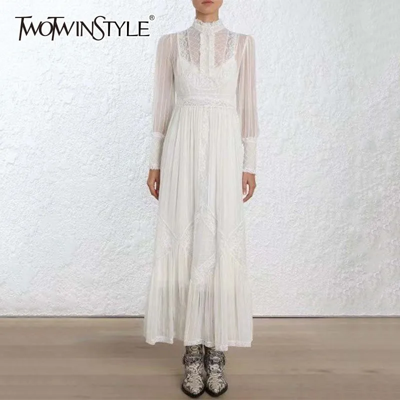 

TWOTWINSTYLE Embroidered Chiffon Dress Female Stand Collar High Waist Long Sleeve Elegant Pleated Dresses Women 2019 Spring New