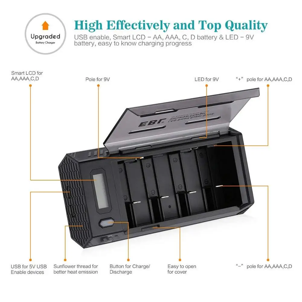 EBL Smart lcd зарядное устройство с 2 usb-портами, функция разряда-для AA/AAA/9 V/C/D Универсальное зарядное устройство