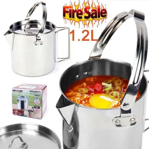 

1.2L Stainless Steel Outdoor Picnic Camping Hanging Pot Cooking Kettle With Lid