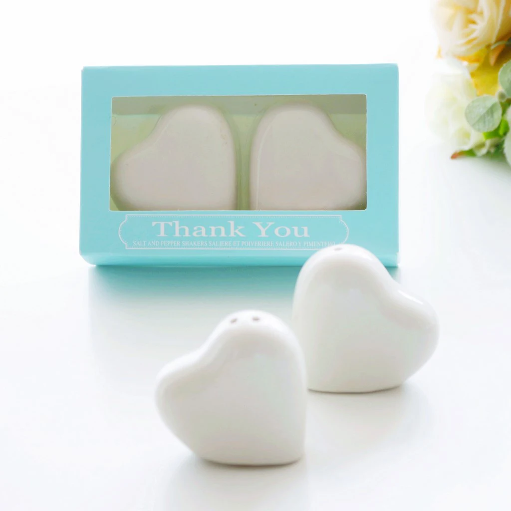 

Ceramic Salt and Pepper Shaker Heart Shape Spice Container Wedding Party Favor Pack of 2 with Thank You Gift Box (Blue)