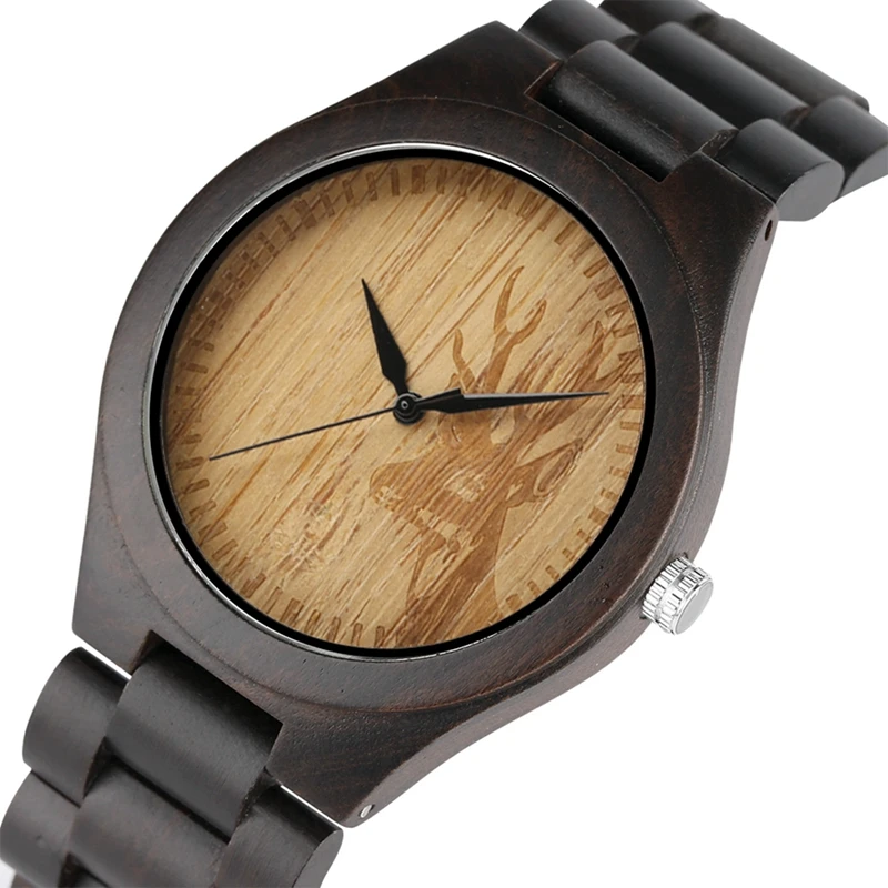 

Retro Elk Deer Head Wooden Watches Quartz Watches Men's Wrist Watch Analog Clock Male with Full Ebony Wood Band erkek kol saati