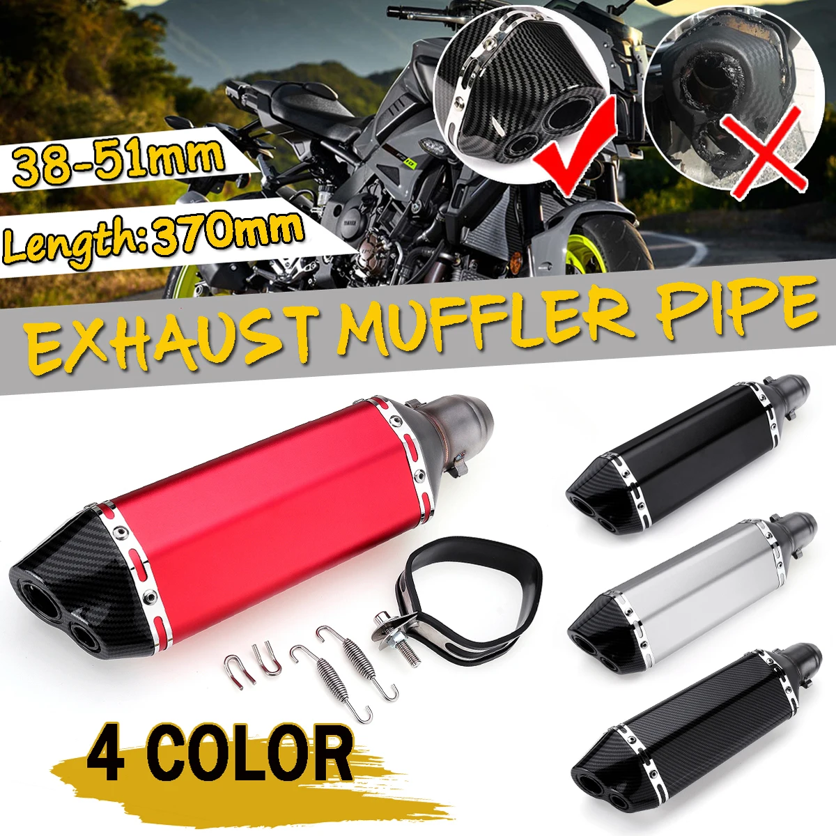 

New 370mm Motorcycle Exhaust Muffler Pipe With Install Kit Dirt Bike ATV Universal For Honda For Kawasaki DB Killer 38-51mm