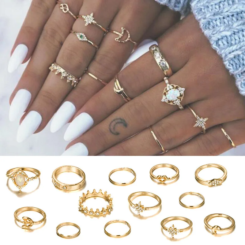 

Moon Ring Set Crystal Unique Crown Gold Opal Star Knuckle Vintage 13PCS/Set Finger Women Jewelry Accessories Hot Sale Bohemian