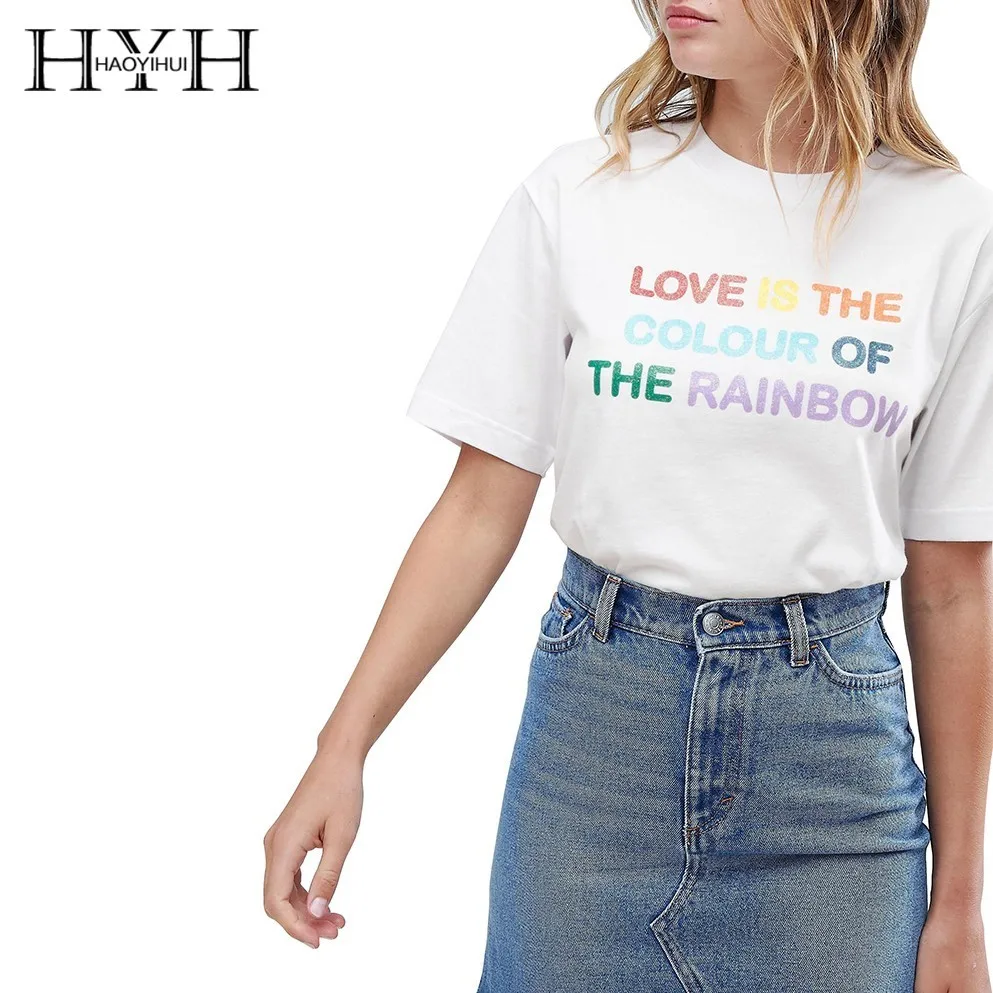 

HYH Haoyihui Simple Commuting Easy To Match Personality Tops Color Letter Print Round Neck Short Sleeve T-shirt