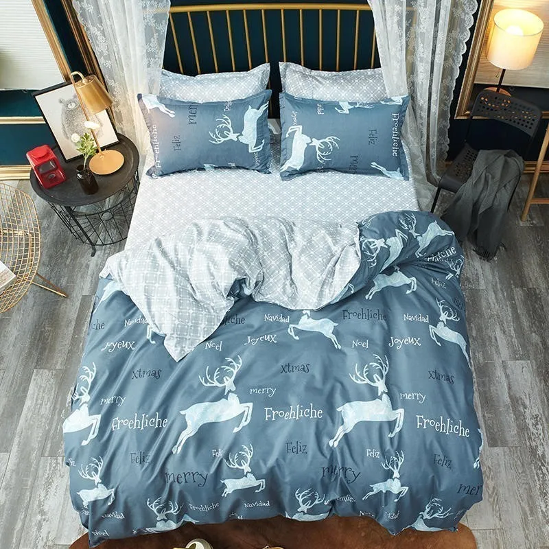 Blue Christmas Elk Comforter Мягкие удобные комплекты постельного белья Простыня