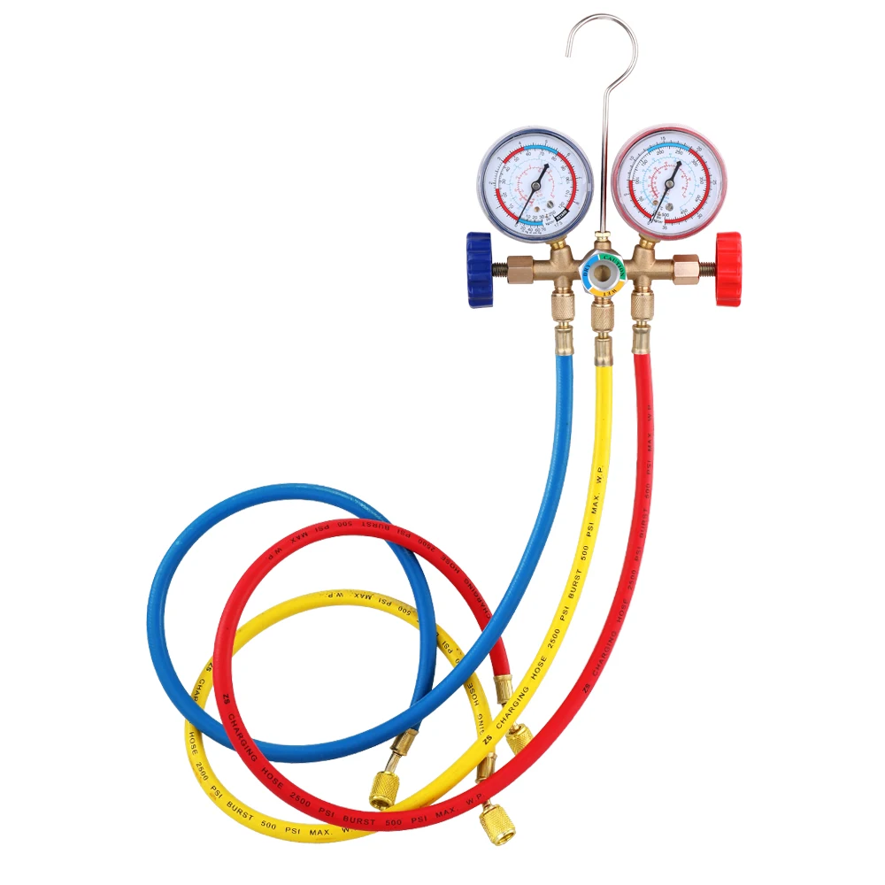 

Refrigerant Manifold Gauge Set Air Conditioning Tools with Hose and Hook Refrigerant Testing, Charging and Evacuation.