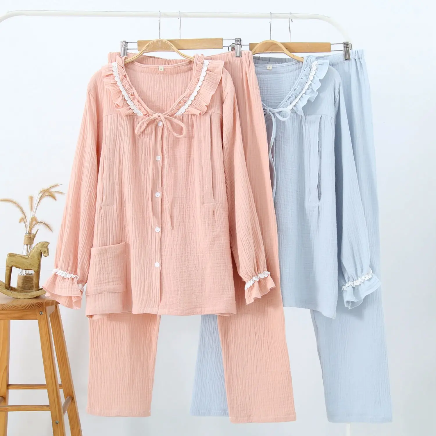 

Hot Selling Maternal Nursing Clothing Cotton Crepe Long-sleeved Trousers Suit Pregnant Womens Pajamas Solid Sleepwear Home Pjs