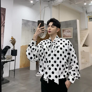 

New Vintage Dot Print Men Shirt Causal Loose Long Sleeve Camisa Masculina Fashion Streetwear Shirt Male Tie Bow Collar Shirts