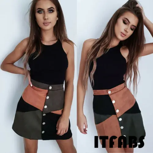 

Women High Waist Suede Button Short Mini Skirts A-Line Mini Skirt