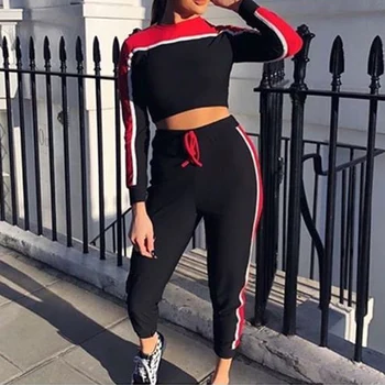 

Women Tracksuit 2 Piece Set Patchwork Hoodies Sweatshirt And Long Pant Female Casual Fitness Crop Top Sportwear Outfits