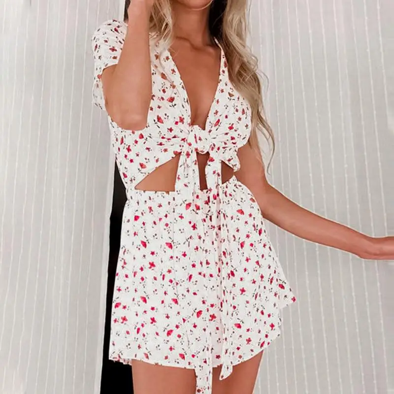 

Mlegant Short Sleeve Female Jumpsuit Romper Stylish Floral Print Sexy Jumpsuits Women Summer Deep V Neck Casual Boho Bodysuits