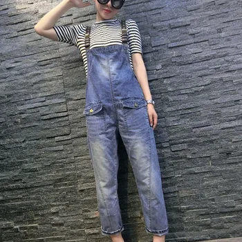 

Casual Washed Denim Rompers European Style Big Pockets Jean Jumpsuit Plus Size Bib Jean Overalls For Women Suspenders Bodysuits