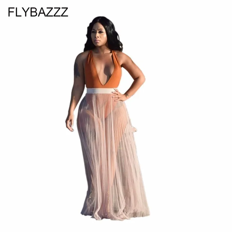 

Women Sexy Mesh Perspective Pleated Skirt Swimwear Bikini Cover Up Sheer Beach Maxi Wrap Skirt Elastic Waist Sarong Pareo Dress