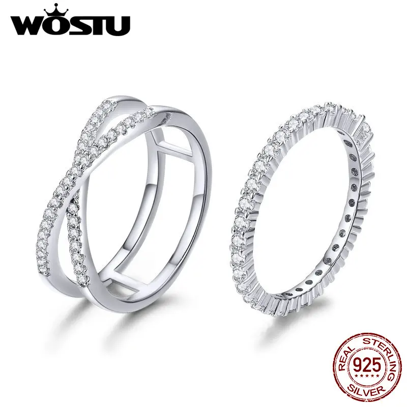 WOSTU, Настоящее серебро 925 пробы, влюбленные двойные кольца для женщин, помолвка, свадьба, минимализм, Серебряное ювелирное изделие, подарок CQR463