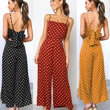 

Vintage Women Summer Sleeveless Dot Print Jumpsuit Bowknot Playsuit Party Wide Leg Long Trousers Romper