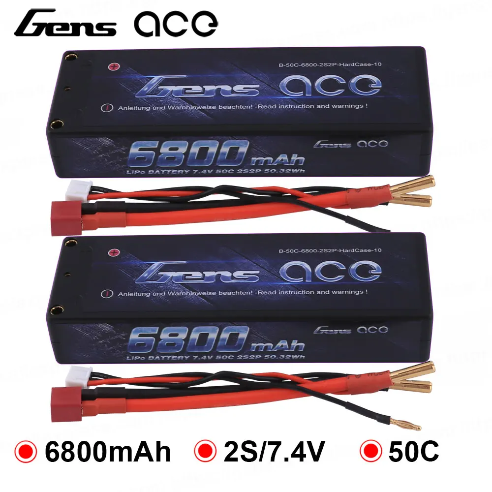 2Pcs Gens ace 2S Lipo Battery 6800mAh 7.4V Batteria Pack 50C Deans Connector for Axial RC Car 1/8 1/10 Hardcase High Discharge