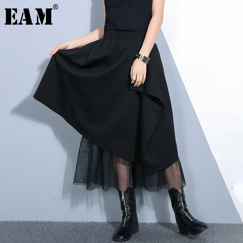 

[EAM] 2019 New Spring Summer High Elastic Waist Black Hem Irregular Mesh Stitch Loose Half-body Skirt Women Fashion Tide JO482