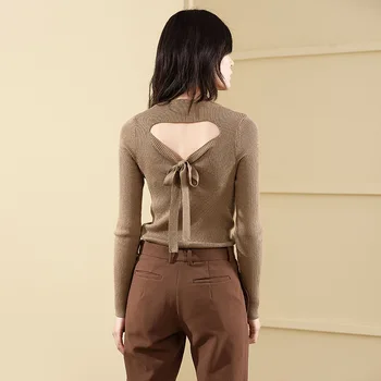 

Solid bottoming knitting shirt woman pullover autumn and winter slim thin sweater wool blends sexy backless sweater 18200