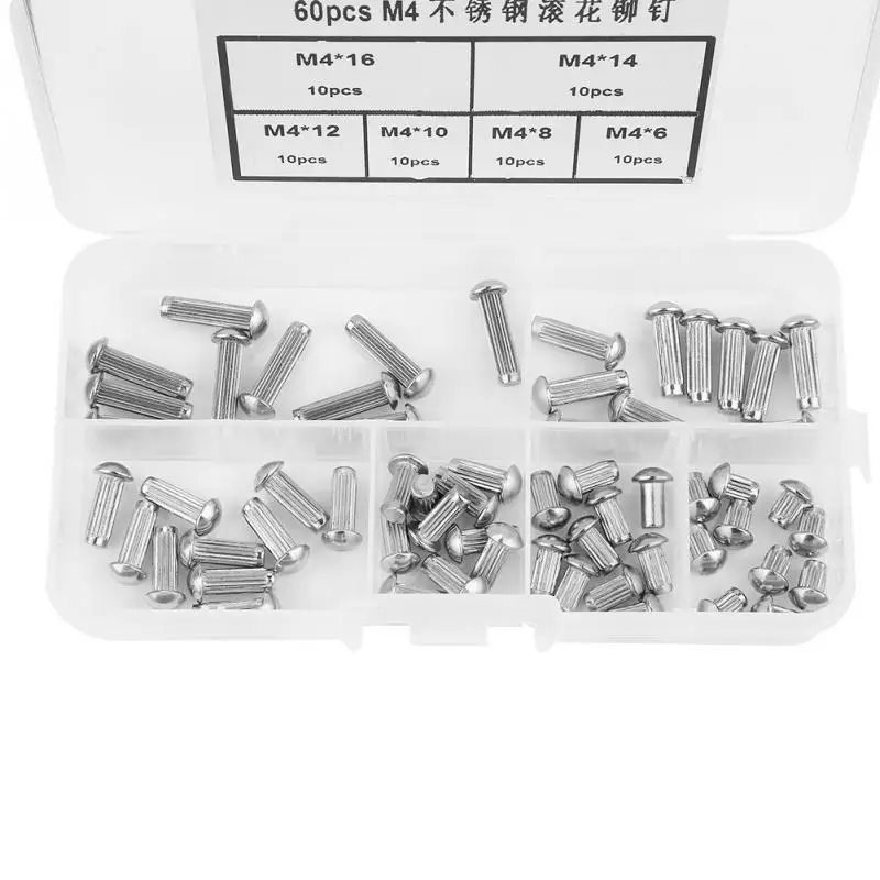 

60pcs M4 Stainless Steel rivet Round Head Knurled Shank Solid Rivets Assortment Kit remachadora Wholesale wholesale