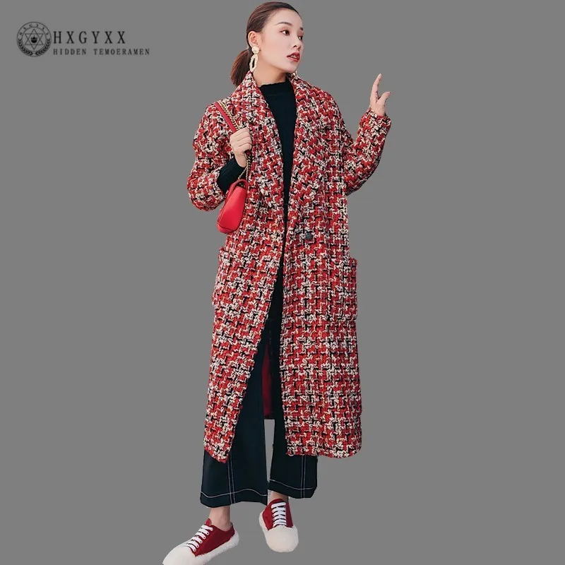 

Vintage Winter Coat 2019 Woolen Overcoat Women Long Plaid Blend Coat Thick Wool Cashmere Coat Tweed Jacket Red Outwear Okd587