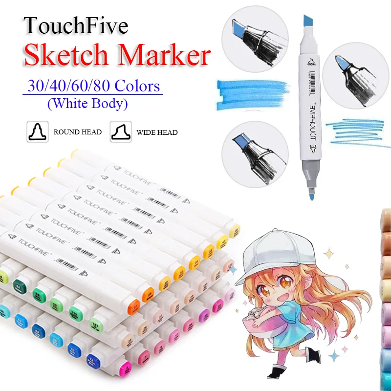 

TouchFive White Markers Pen Set 30/40/60/80 Colors Dual Headed Oily Alcohol Based Sketching Markers For Animation Art Supplies