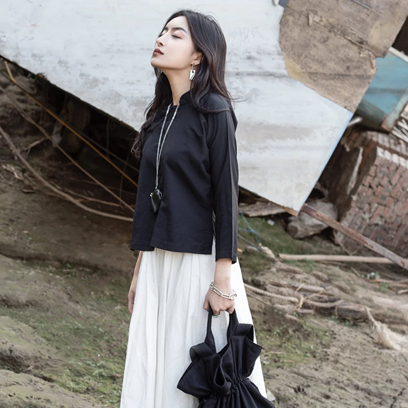 discounted  [EAM] 2020 New Autumn Winter Stand Collar Long Sleeve Black Loose Slanting Threshold Short Jacket W