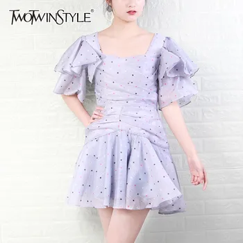 

TWOTWINSTYLE Polka Dot Dress For Women Irregular Collar Ruffle Sleeve High Waist Mini Female Dresses 2020 Fashion Clothes New