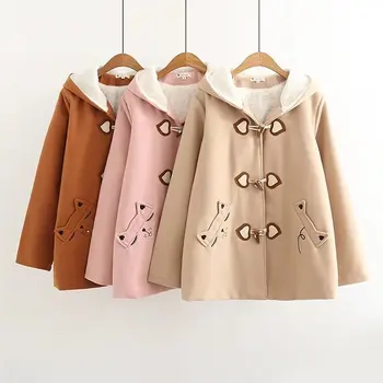

Lovely cartoon cat embroidery thick hooded winter coat women horn button plus velvet jacket 3colors M,L 2019 new arrivals