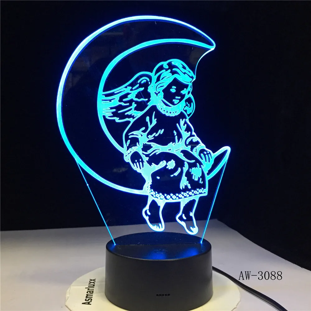 

3D LED Night Light Luminaria Cute Angle Moon Plastic Lamp Nightlight For Baby Bedroom Decoration Valentine's Day Gift AW-3088