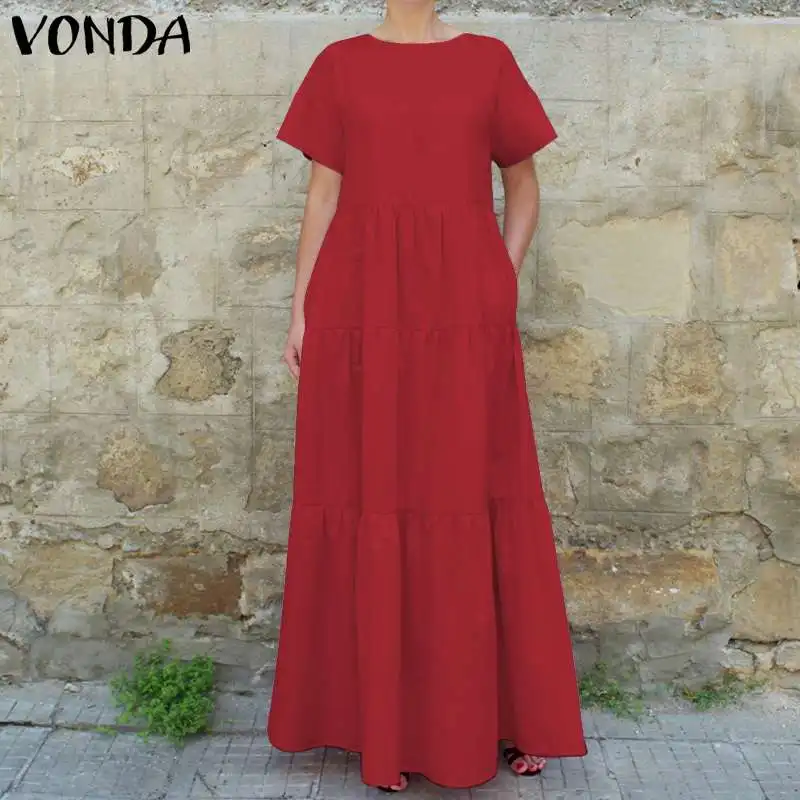 

2019 Women Dress Summer VONDA Vintage A Line Pleated Long Maxi Party Dresses Short Sleeve Plus Size Oversized Vestidos
